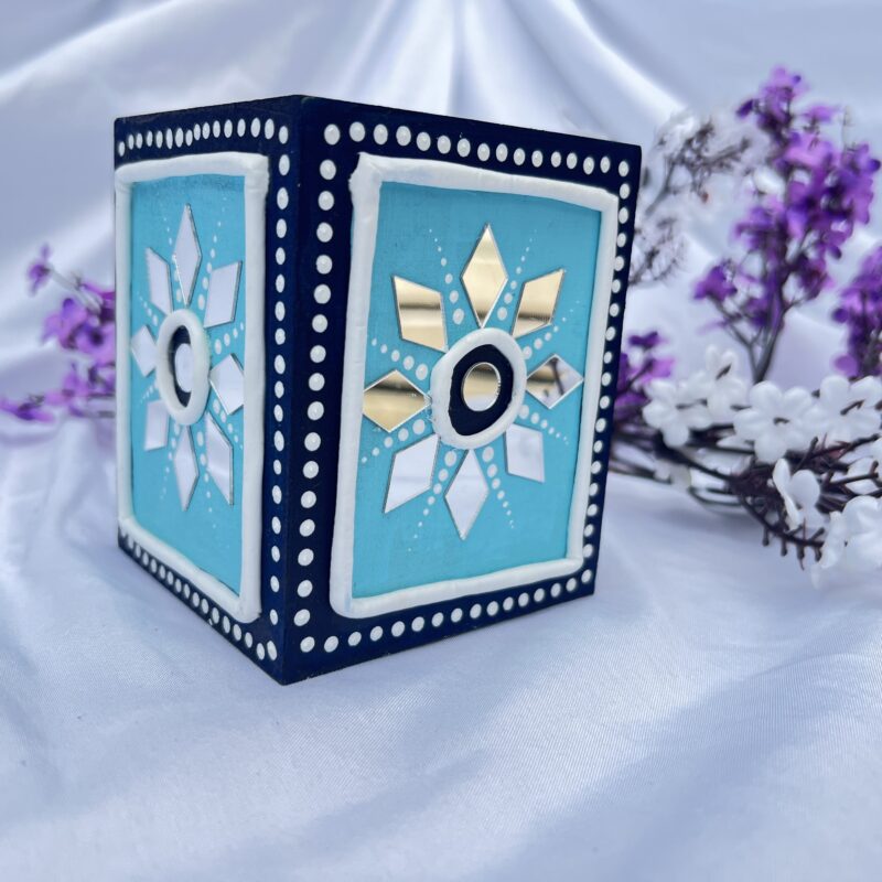 Blue Flower Handmade Pencil Holder / Wooden Desk Organizer